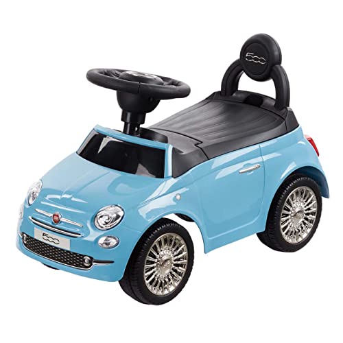 Tachan Correpasillos Fiat 500 con Sonidos y música, cajón Debajo del Asiento para Guardar Cosas, neumáticos de Goma, Sistema anticaída, Barra desplegable para Empujar, hasta 25 kg, Azul