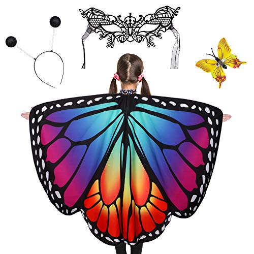 Tacobear Alas de Mariposa Niña Disfraz Mariposa Niña Máscara Bola Brillo Diadema Anillo Mariposa Cabo Halloween Mariposa Capa Disfraz Alas de Mariposa Carnaval Vestido de Fiesta Niñas (A)