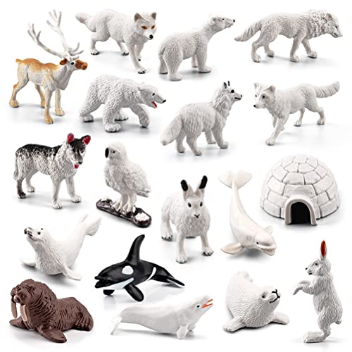 TangYang - Figuras de Animales, 18 Piezas de Figuras de Juguete de Animales del Ártico Polar, Incluye Lobo Blanco, búho Blanco, Zorro Blanco, Conejo ártico, Zorro ártico, Husky e iglú