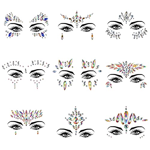 Tatuaje Cristal Temporal Carnaval KATOOM 9pcs Joyas Pegatinas Faciales Gemas,Cara Diamantes de Imitación,Hada de las flores para Fiestas, Maquillaje Cosplay Juego de Roles Disney Mujeres