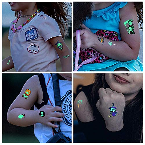 Tatuajes temporales de Halloween, 14 hojas Resplandor en los tatuajes oscuros para niños adultos, Calabaza Murciélagos Bruja Esqueleto Fantasma Tatuajes para decoración de fiesta de Halloween