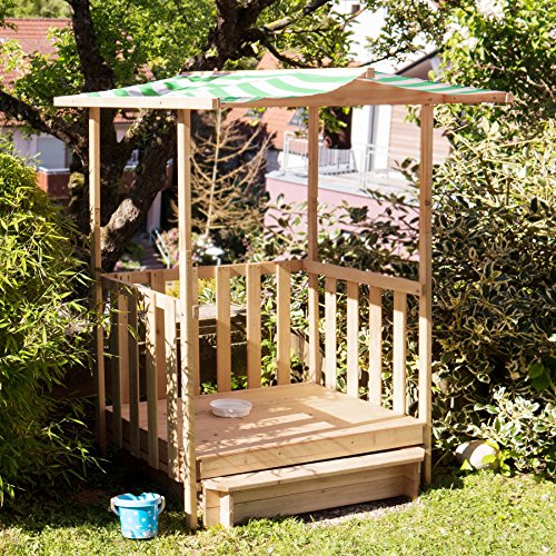 TecTake 800792 Arenero para Niños, Veranda con Techo, Cajón de Arena, Parque Jardín, Patio Exterior, Zona de Juegos, Ruedas, Parasol (Verde)