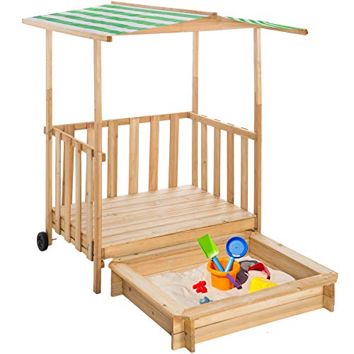 TecTake 800792 Arenero para Niños, Veranda con Techo, Cajón de Arena, Parque Jardín, Patio Exterior, Zona de Juegos, Ruedas, Parasol (Verde)