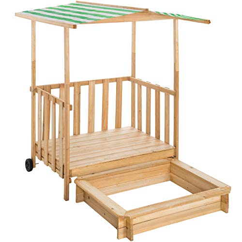 TecTake 800792 Arenero para Niños, Veranda con Techo, Cajón de Arena, Parque Jardín, Patio Exterior, Zona de Juegos, Ruedas, Parasol (Verde)