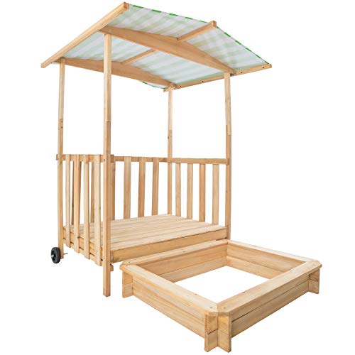 TecTake 800792 Arenero para Niños, Veranda con Techo, Cajón de Arena, Parque Jardín, Patio Exterior, Zona de Juegos, Ruedas, Parasol (Verde)