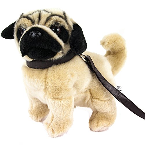 Teddys Rothenburg Peluche de perro carlino con correa de 23 cm (con cola), de pie, color beige/negro