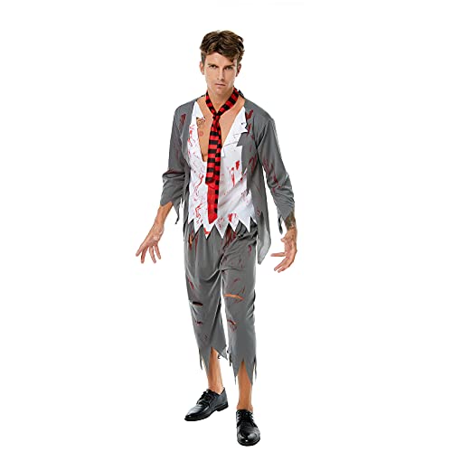 Teebay Disfraz de zombi sangriento para hombre adulto, terror, callejón zombi, disfraz de Halloween (gris, L)