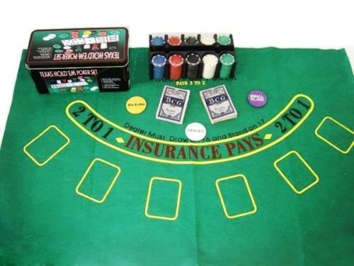 TEXAS HOLD*EM Juego de Poker 200 fichas con Caja + 2 Juego de Barajas + Ficha Dealer + Tapete