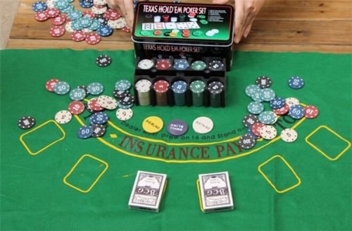 TEXAS HOLD*EM Juego de Poker 200 fichas con Caja + 2 Juego de Barajas + Ficha Dealer + Tapete