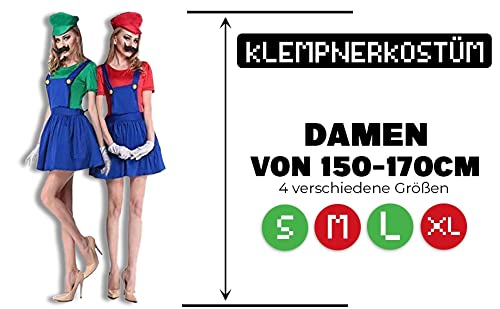 thematys Super Mario Luigi Gorra + Vestido + Barba + Guantes - Conjunto de Vestuario para Mujer Carnaval y Cosplay (L, Talla 165-170cm)