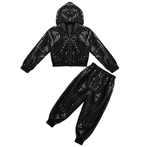 TiaoBug Unisexo Niños Ropa Deportiva de Danza Jazz Hip Hop Lentejuelas Disfraz para Danza Baile Callejero Chaqueta con Capucha Pantalones Elástica Niños Niñas Negro 10-12 Años