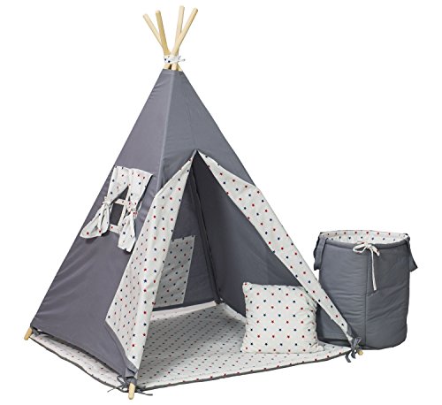 Tienda de campana tipi teepee casa para ninos conjunto de 5 elementos (patrón: estrellas azul marino-rojas - fondo rojo)