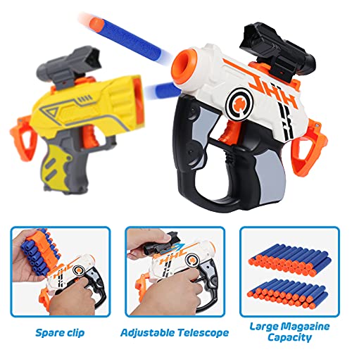 TINLEON Espuma Blasters Regalos de Juguete para 6+ Chicos, Mini Pistola Pistola 2 Pack hasta 83ft Alcance con 30 Dardos de Recarga Compatible para Nerf Fortnit