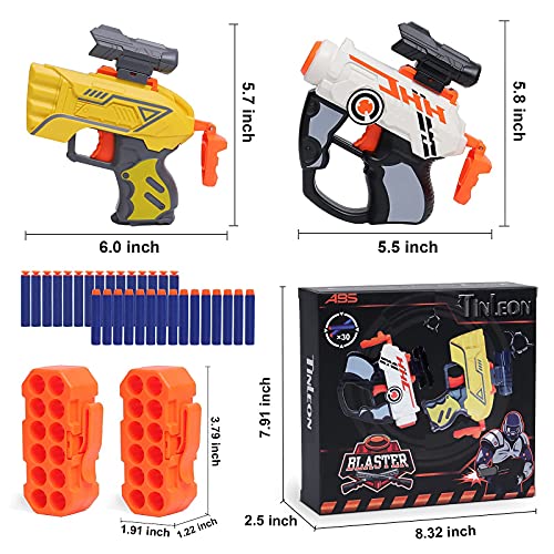 TINLEON Espuma Blasters Regalos de Juguete para 6+ Chicos, Mini Pistola Pistola 2 Pack hasta 83ft Alcance con 30 Dardos de Recarga Compatible para Nerf Fortnit