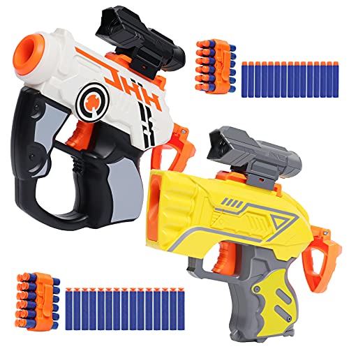 TINLEON Espuma Blasters Regalos de Juguete para 6+ Chicos, Mini Pistola Pistola 2 Pack hasta 83ft Alcance con 30 Dardos de Recarga Compatible para Nerf Fortnit