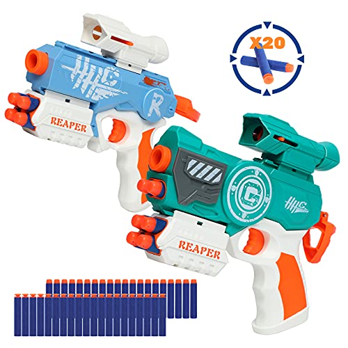 TINLEON Juguete de Pistola de Espuma - Pistola Regalos para 6+ Chicos 2 Pack hasta 83pies de Alcance con 40 Dardos de Recarga Compatible para Nerf Fortnite, Regalos de Cumpleaños Favores de la Fiesta