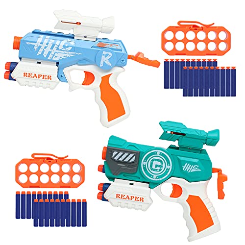 TINLEON Juguete de Pistola de Espuma - Pistola Regalos para 6+ Chicos 2 Pack hasta 83pies de Alcance con 40 Dardos de Recarga Compatible para Nerf Fortnite, Regalos de Cumpleaños Favores de la Fiesta