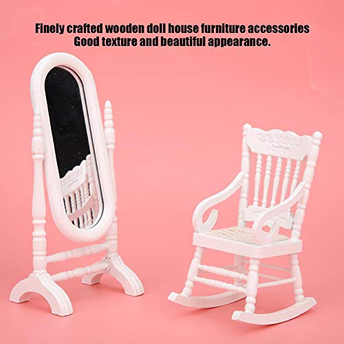 Tnfeeon 1:12 Casa de muñecas Miniatura Muebles Cama Doble Espejo Largo Mesita de Noche Silla Silla Gabinete para Casa de muñecas Dormitorio Accesorios(6pcs / Set)