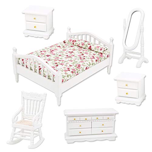 Tnfeeon 1:12 Casa de muñecas Miniatura Muebles Cama Doble Espejo Largo Mesita de Noche Silla Silla Gabinete para Casa de muñecas Dormitorio Accesorios(6pcs / Set)