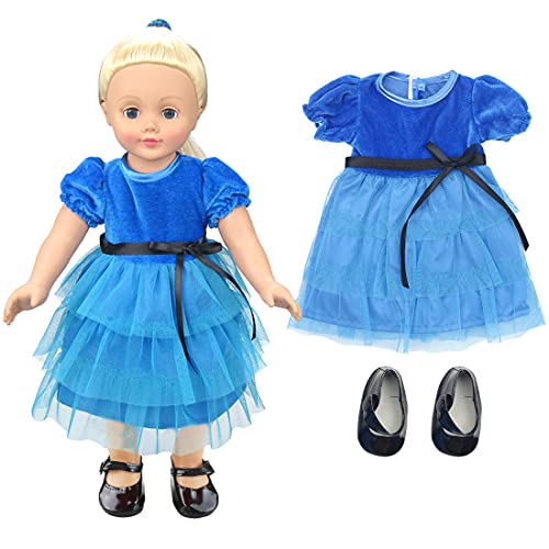 Tomicy Ropa de Muñecas Bebé，Juego de 2 Piezas de Ropa de Cumpleaños para Muñecas de 43 cm, Vestido y Zapatos Accesorios como Regalo para Girl Doll Muñeca（Azul）