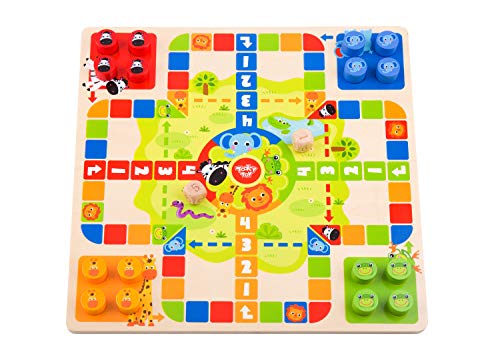 Tooky Toy Tabla de juegos 2 en 1 para niños – Cubos / serpientes y escaleras de madera – Colorido juego de tablero de juguete para niños – Ajedrez volador / serpientes y escaleras de madera