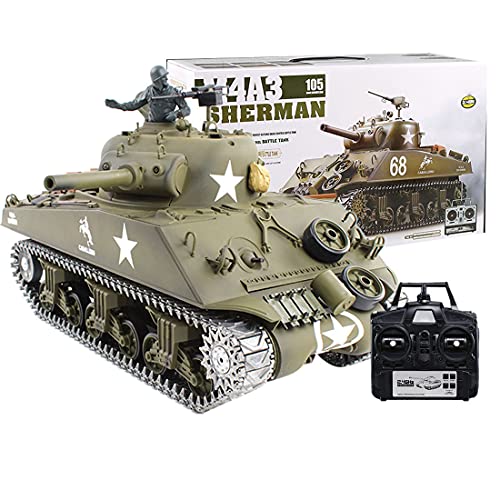 Tosbes Tanque teledirigido con sonido, humo e iluminación, 2,4 GHz RC M4A3 Sherman de metal de combate a escala 1:16, para niños y adultos