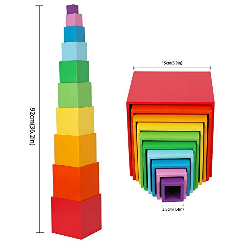 TOWO Cajas apilables de madera de colores arcoíris, vasos para anidar y clasificar, bloques para niños pequeños, cubos apilables, materiales educativos de aprendizaje Montessori para niños de 2 años