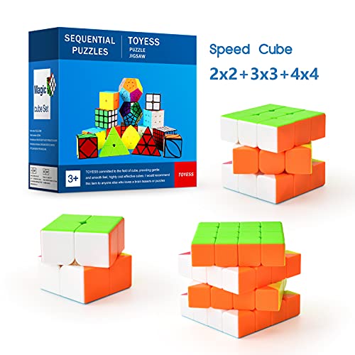 TOYESS Speed Cube Set, Cubo Mágico 2x2 3x3 4x4 Stickerless, Cubo de Velocidad Rompecabezas Juguetes Traje, Niños & Adulto (3 Pack)