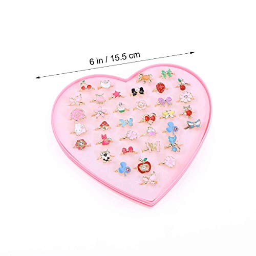 TOYMYTOY Los Anillos Ajustables chispean con la Caja de presentación de la Forma del corazón para los favores de la Fiesta de cumpleaños de los niños, 36pcs