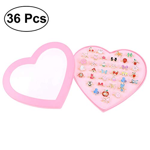 TOYMYTOY Los Anillos Ajustables chispean con la Caja de presentación de la Forma del corazón para los favores de la Fiesta de cumpleaños de los niños, 36pcs