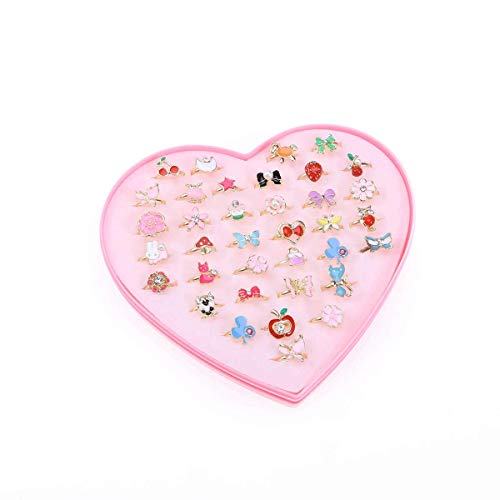 TOYMYTOY Los Anillos Ajustables chispean con la Caja de presentación de la Forma del corazón para los favores de la Fiesta de cumpleaños de los niños, 36pcs