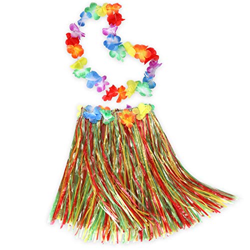 Toyssa Juego de 12 Falda Hawaiana con Collar de Flores Hawaianas Falda de Hierba de Hula y Collar Flores Hawai Fiestas de Disfraces Fiesta Hawaiana Luau Playa para Niñas Mujer Adultos