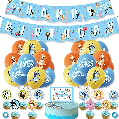 TRRY Suministro de Fiesta de Cumpleaños, bingo bluey de Decoración Globo,Cake Topper,Banner para Niños Decoración de Tartas de Fiesta, 38pcs