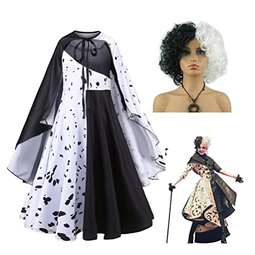 T.Y.G.F Disfraz de Cruella para niñas con Capa de Peluca 101 Dálmatas Cruela Vestido/Abrigo 2021Dálmatas Halloween Cosplay Fiesta Cumpleaños Navidad El Reyes Costume