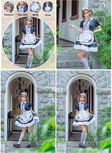 tzm2016 Anime Cosplay Costume French Maid Outfit Halloween 4 pcs as a set including dress headwear apron fake collar ( black Size XXL )