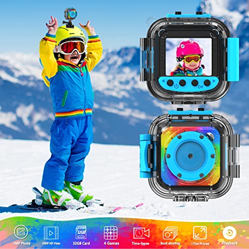 Uleway Cámara de Acción para Niños Impermeable 1080P Videocámara Subacuática Digital Juguete Cámara Regalo de Cumpleaños para Niños y Niñas para Deportes Buceo Nadar Correr Ciclismo (Azul)