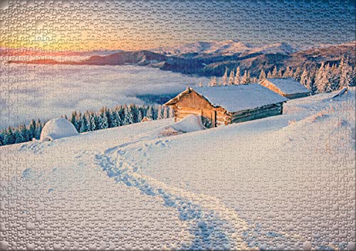 Ulmer Puzzleschmiede - Puzle "idilio invernal" - Puzzle clásico de 1000 piezas - Montañas cubiertas de nieve con cabaña solitaria de Alm en los Alpes