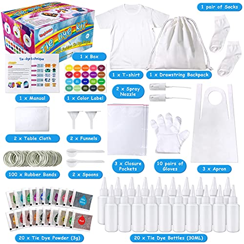 UNGLINGA Kit de teñido anudado, 20 colores, artes y manualidades para niños de 6 a 12 años, teñido de tela, set de manualidades con camiseta de cumpleaños para niños 3 4 5 6 7 8 9 10+