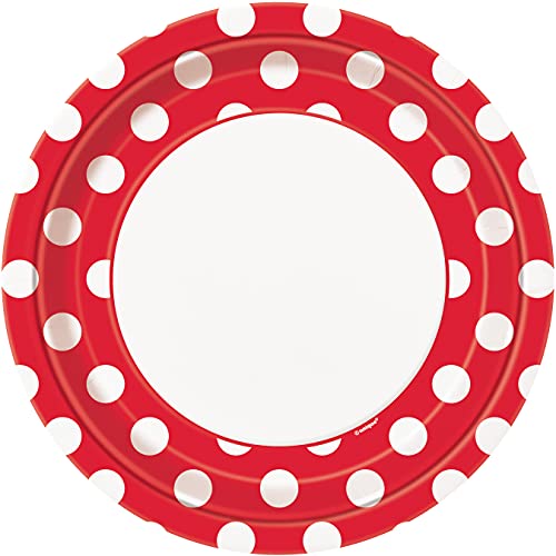 Unique Party- Platos de Papel Ecológicos-23 cm Rojo a Lunares-Paquete de 8, Color red (37495EU)