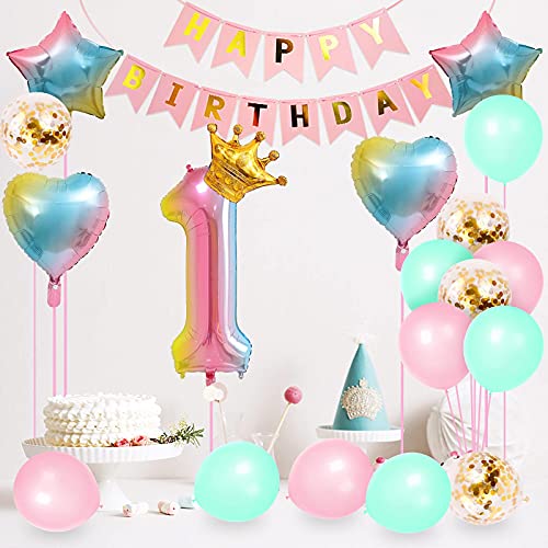 Unisun 1st Birthday Decoraciones Globo digital de helio de 40 pulgadas Corazón Estrella Globo de papel con pancarta de feliz cumpleaños para fiestas de niñas y niños