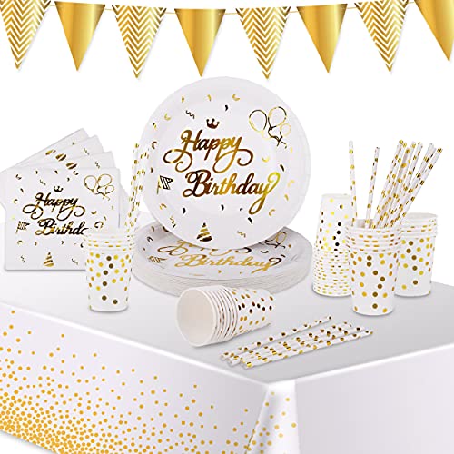 VAINECHAY Fiesta Vajilla Decoración Cumpleaños Platos Vasos Set Papel Servilletas Mantel Pajitas Pancarta Fiestas Desechable Vajilla para 25 Invitados niños adultos