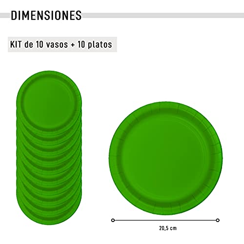 Vajilla biodegradable de Cumpleaños. Set de Platos y Vasos para Fiestas, Reuniones, Camping, Picnic. Juego de Platos y Vasos para Cumpleaños. Decoración Cumpleaños. Vajillas Ecológicas.(Verde)