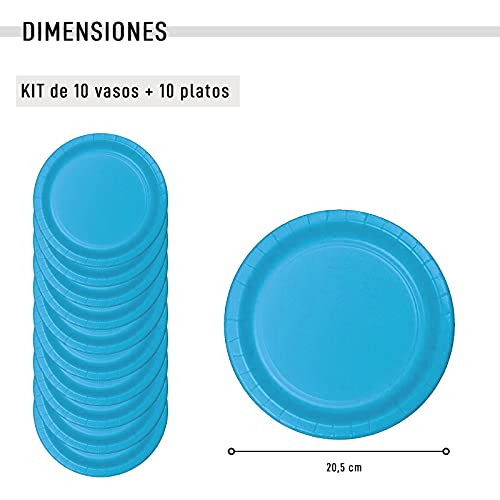 Vajilla biodegradable de Cumpleaños. Set de Platos y Vasos para Fiestas, Reuniones, Camping, Picnic. Juego de Platos y Vasos para Cumpleaños. Decoración Cumpleaños. Vajillas Ecológicas. (Azul Claro)