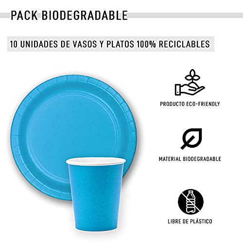 Vajilla biodegradable de Cumpleaños. Set de Platos y Vasos para Fiestas, Reuniones, Camping, Picnic. Juego de Platos y Vasos para Cumpleaños. Decoración Cumpleaños. Vajillas Ecológicas. (Azul Claro)