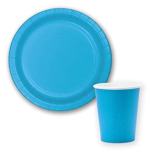 Vajilla biodegradable de Cumpleaños. Set de Platos y Vasos para Fiestas, Reuniones, Camping, Picnic. Juego de Platos y Vasos para Cumpleaños. Decoración Cumpleaños. Vajillas Ecológicas. (Azul Claro)