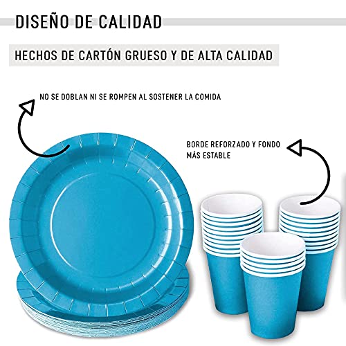 Vajilla biodegradable de Cumpleaños. Set de Platos y Vasos para Fiestas, Reuniones, Camping, Picnic. Juego de Platos y Vasos para Cumpleaños. Decoración Cumpleaños. Vajillas Ecológicas. (Azul Claro)