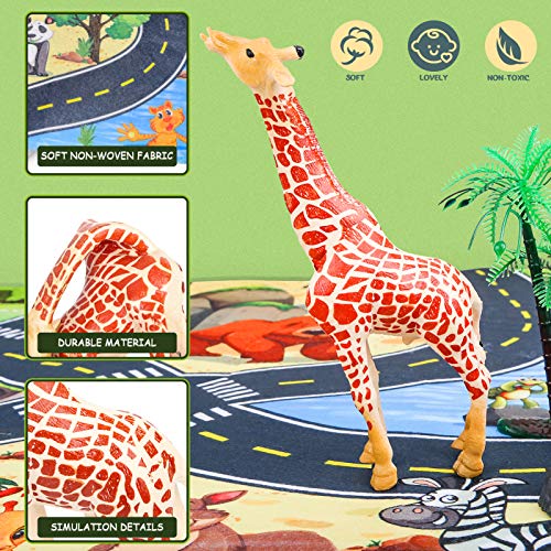 Vanplay Animales Juguetes Mini Animales de La Selva Realistas Tarta Cumpleaños con Alfombra de Juego, Árbol y Piedra para Niños 30 Piezas