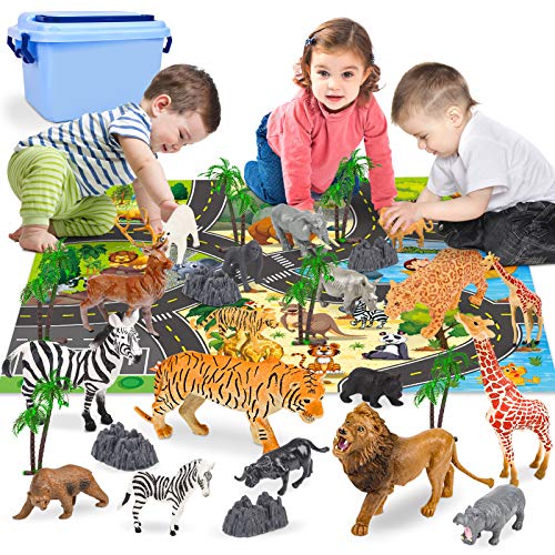 Vanplay Animales Juguetes Mini Animales de La Selva Realistas Tarta Cumpleaños con Alfombra de Juego, Árbol y Piedra para Niños 30 Piezas