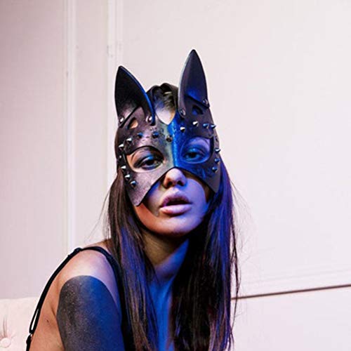 Vcedas Mascarilla de Media Cara de Gato, Mascarilla con Oreja de Gato Cosplay Sexy Máscara de Remache de Cuero de PU Máscara de Halloween Rave Carnaval Mascarada Halloween Accesorios