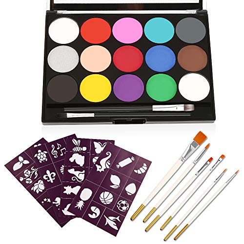 Vegena Pinturas Cara para Niños, Bodypainting Pintura 15 Colores, Pintura Corporal con 8 Pinceles 40 Plantillas No-Toxico y Seguro para Niños Cosplay y Fiesta Halloween Carnaval